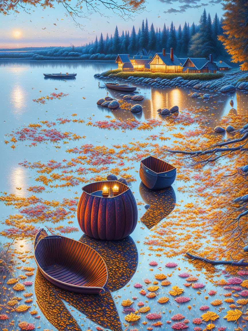 Tranquil Autumn Lake Scene with Pumpkins, Boats, Cabin, and Colorful Trees