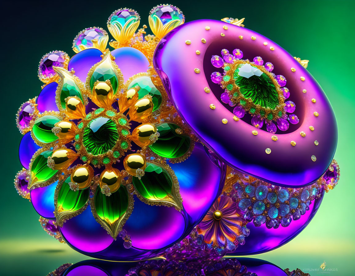 Colorful Jewel-Encrusted Fractal Art on Green Background