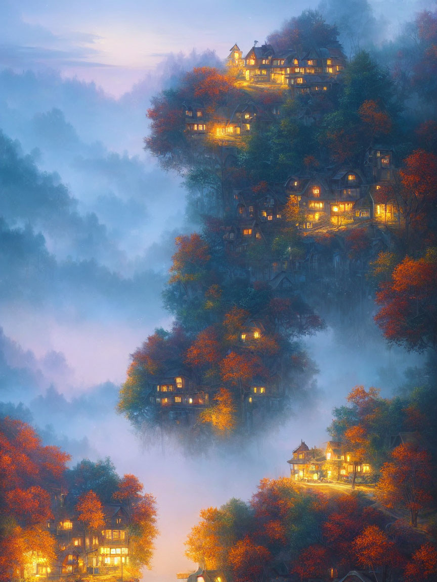 Village on Hill with Illuminated Houses in Autumn Twilight