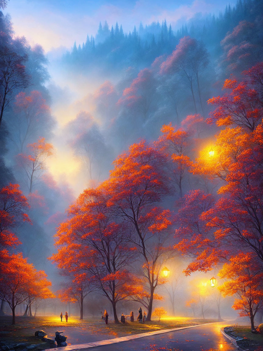 Misty dusk forest scene with orange trees and streetlights