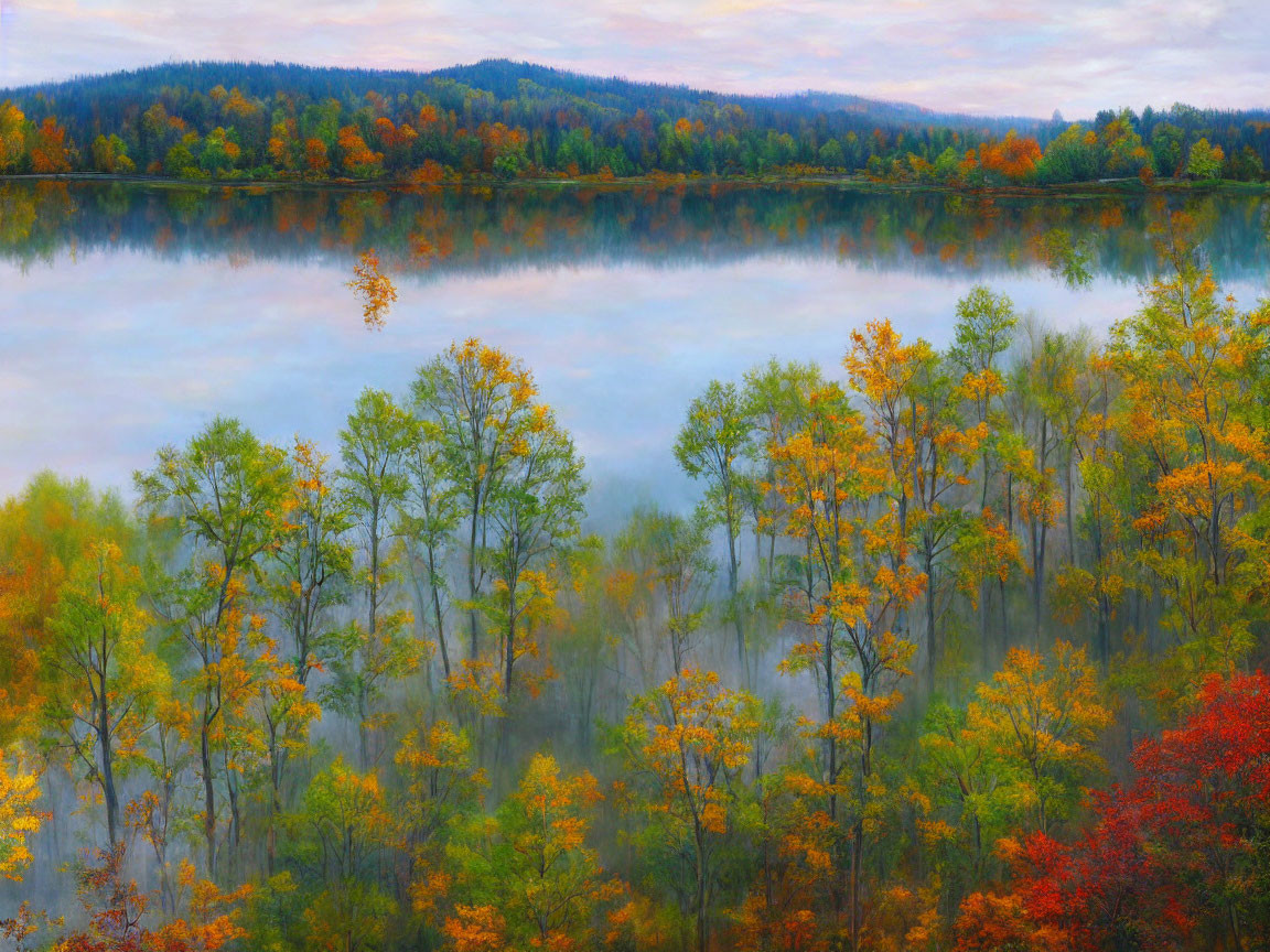 Tranquil autumn lake with mist and colorful forest reflection