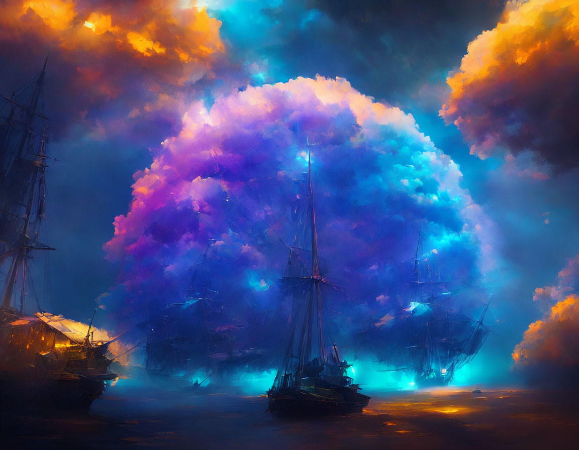 Surreal ocean scene with sailing ships under iridescent sky portal