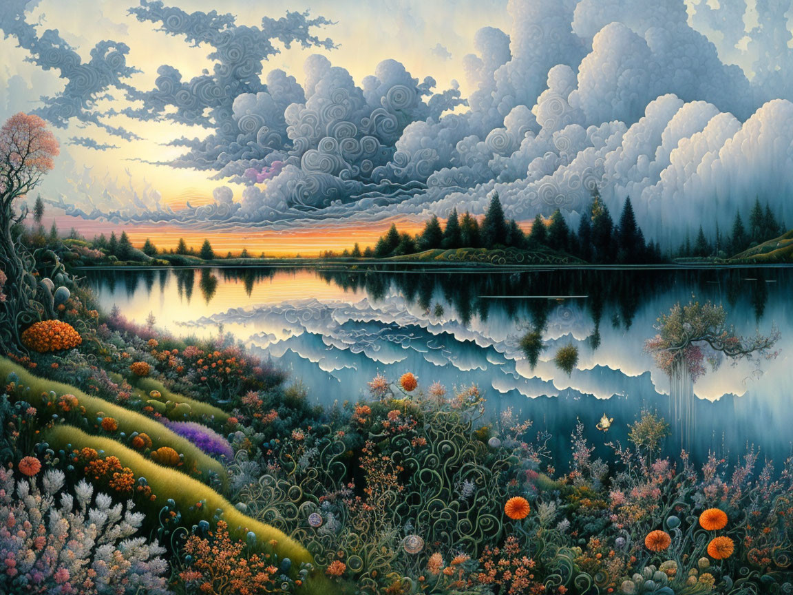 Surreal landscape with serene lake, vibrant flora, and dramatic sky