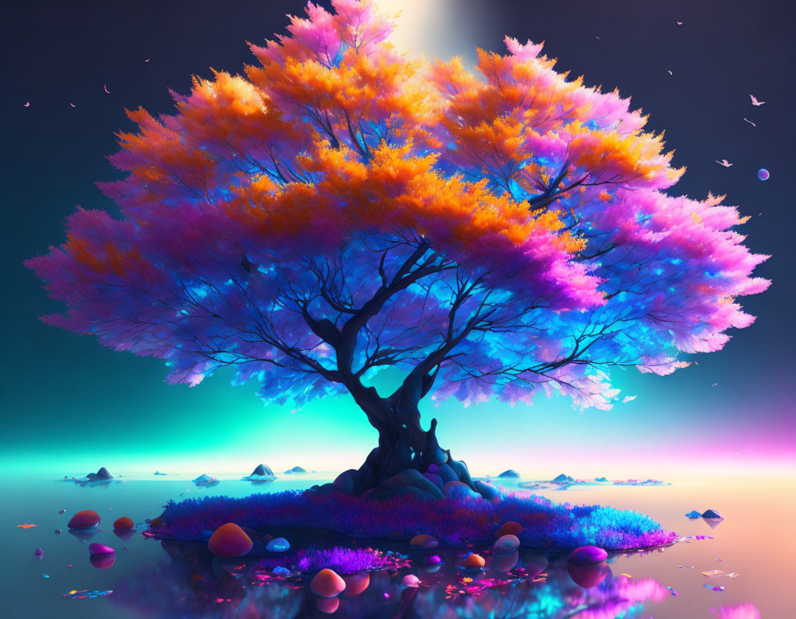 Colorful fantasy tree with orange and pink foliage in a vibrant landscape