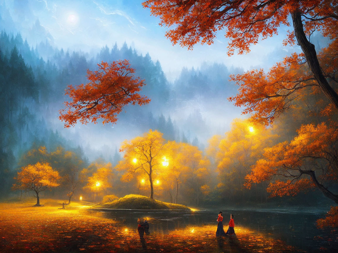 Golden trees and lanterns in autumn lake scene with two people in mystical foggy landscape