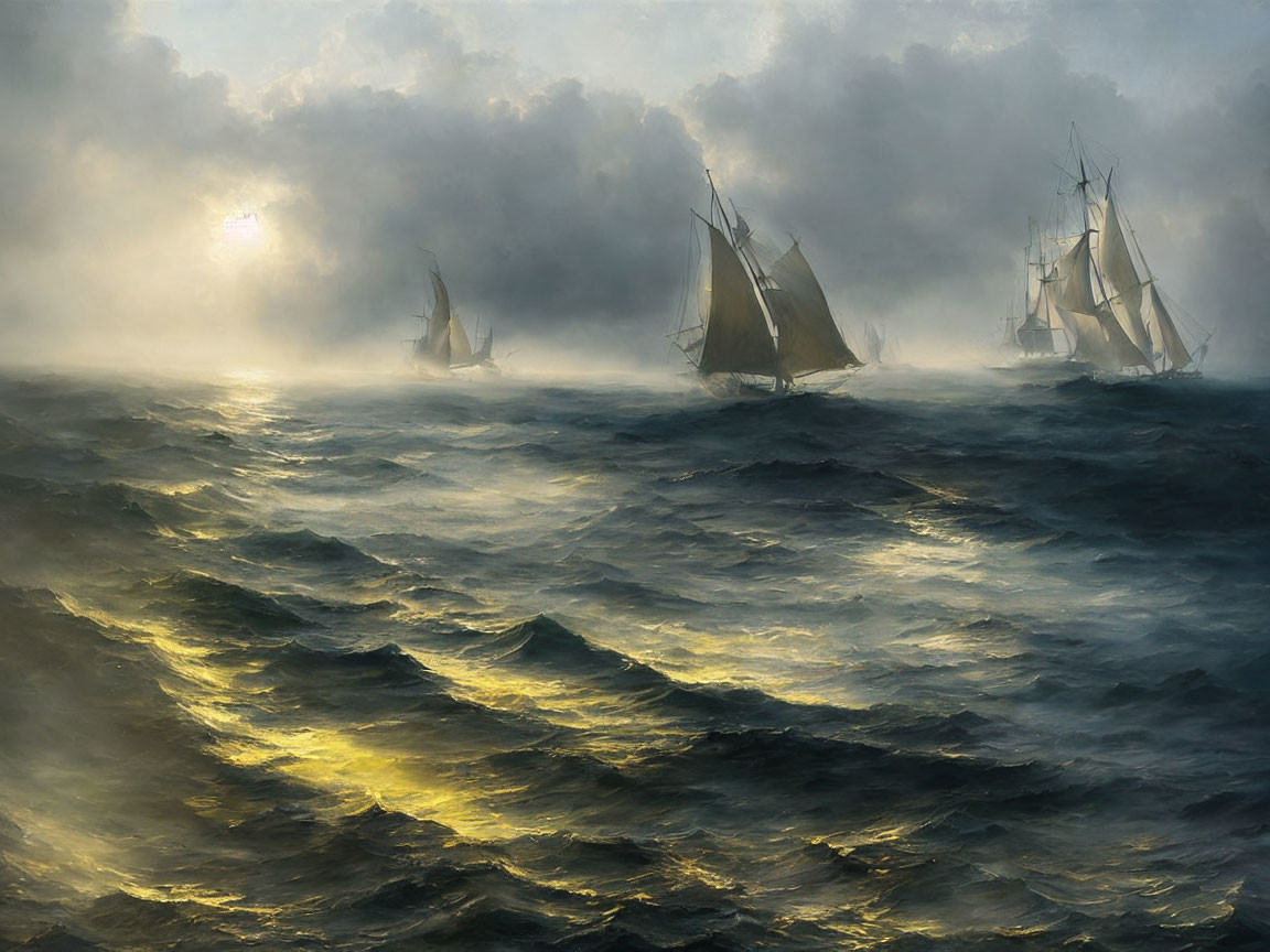 Sailing ships on turbulent seas under brooding sky