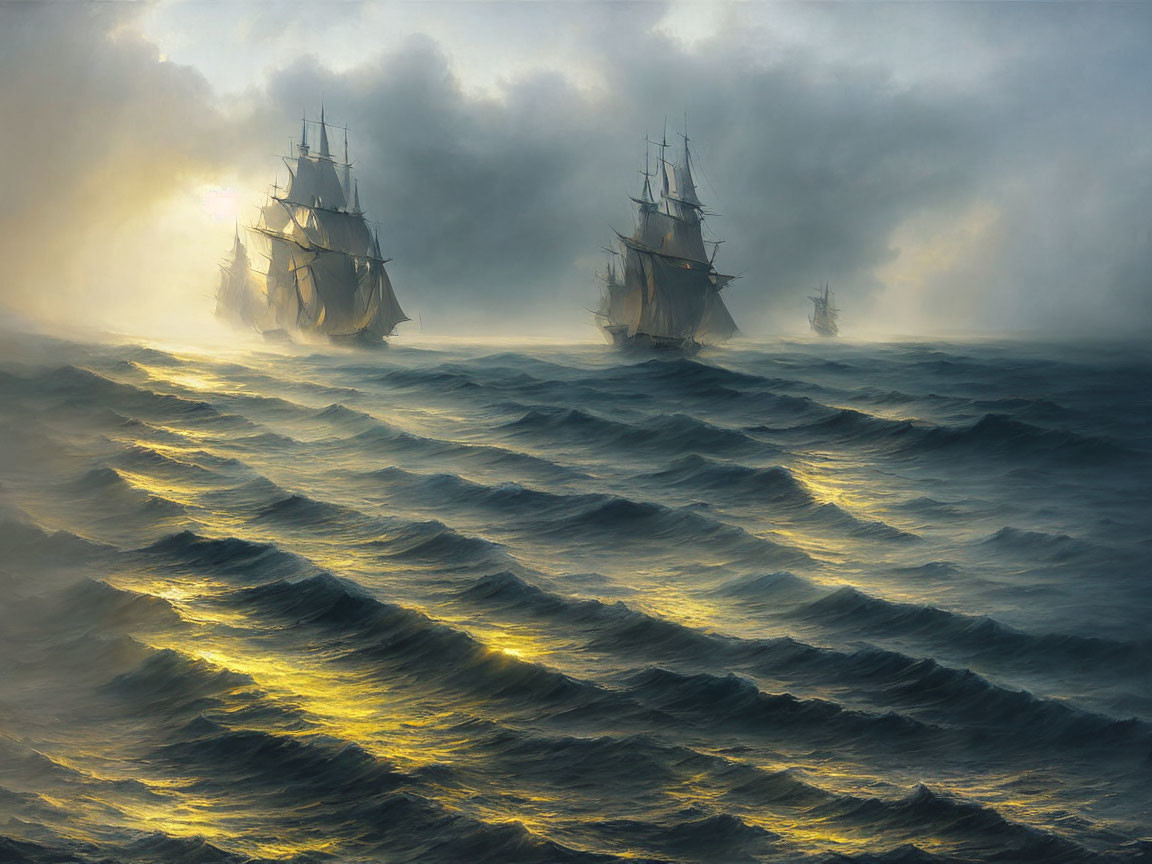 Three sailing ships in turbulent seas under golden light