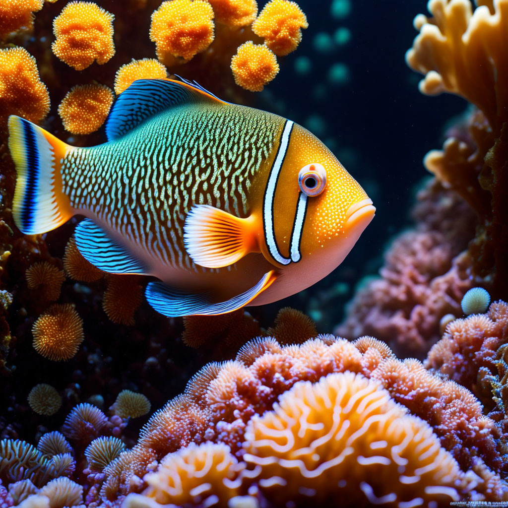 Colorful Clownfish Swimming Near Coral in Underwater Scene