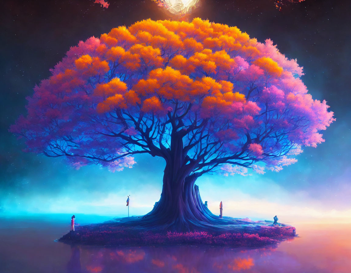 Mystical tree with fiery orange and pink foliage on island under starry sky