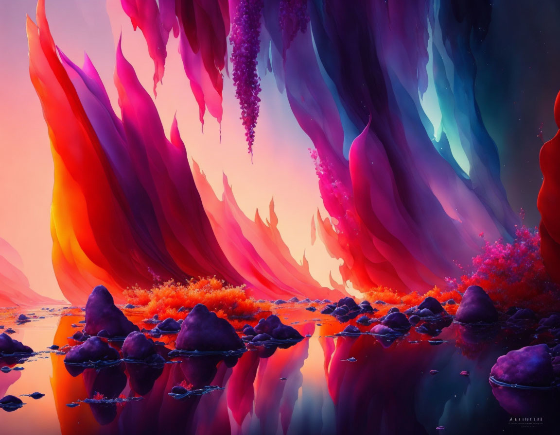 Colorful fantasy landscape with pink and purple rock formations, orange water, crystals, and vibrant sky.