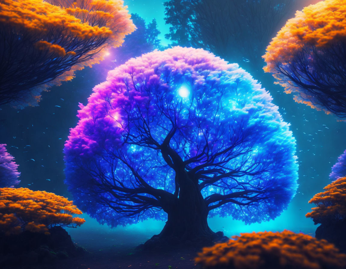 Colorful digital artwork: mystical forest with oversized purple and orange trees at twilight