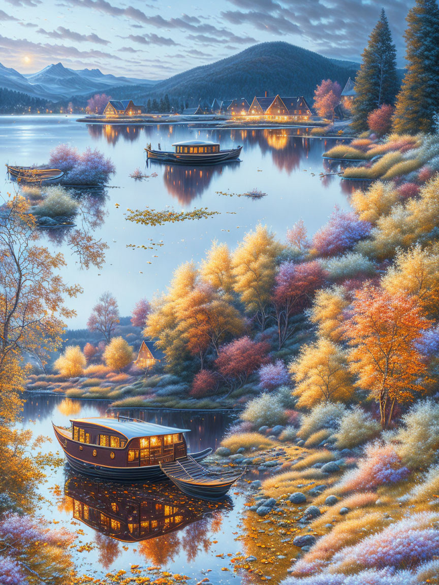 Colorful autumn trees reflected in serene lake with houseboat and distant mountains at twilight