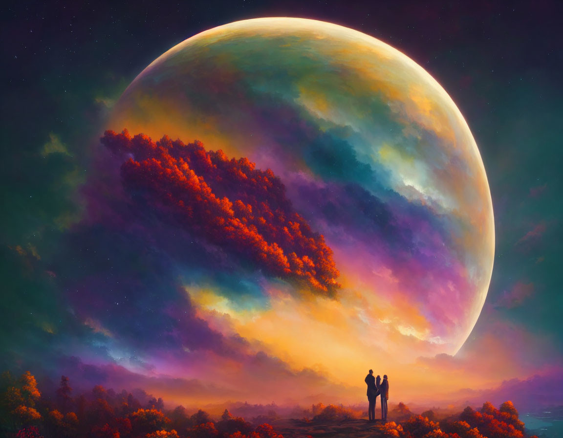 Silhouetted figures against colorful alien planet and vibrant landscape