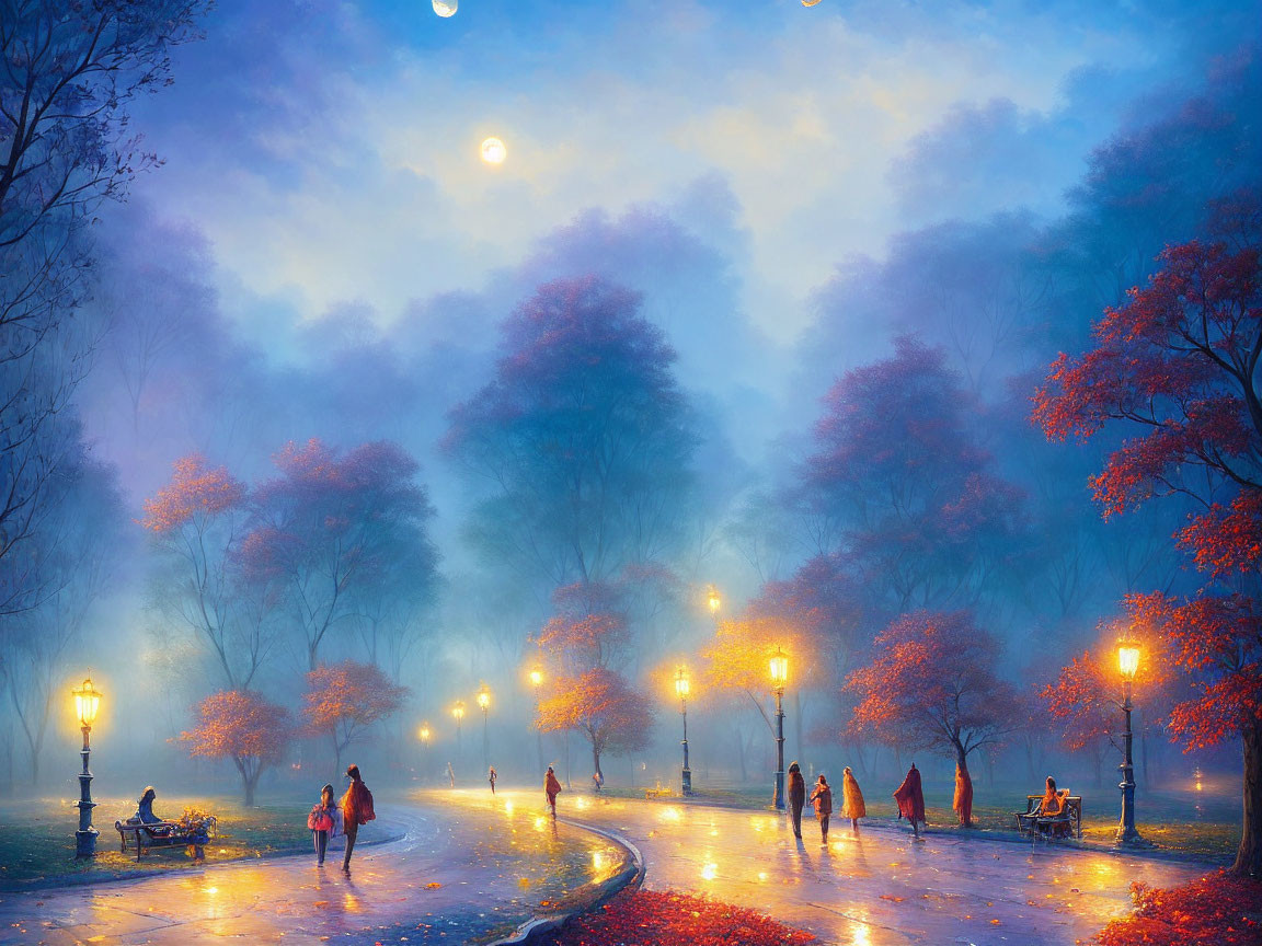 Tranquil park scene: people walking under moonlit sky