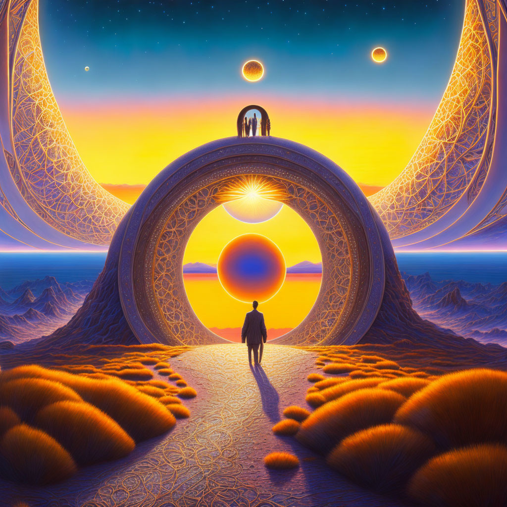 Surreal circular gateway frames setting sun and celestial bodies in twilight sky.