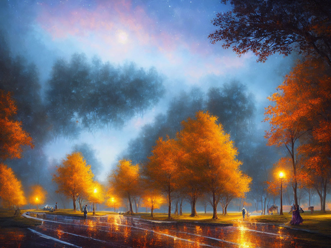 Tranquil dusk scene in park with glowing street lamps and autumn trees