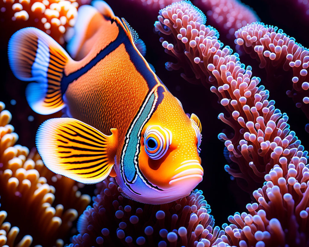 Colorful Clownfish Swimming Near Sea Anemone Tentacles