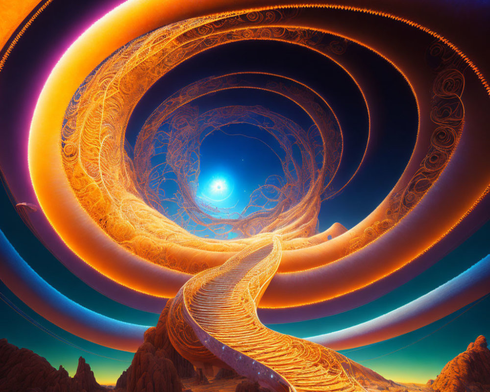 Glowing fractal spiral in desert landscape under twilight sky