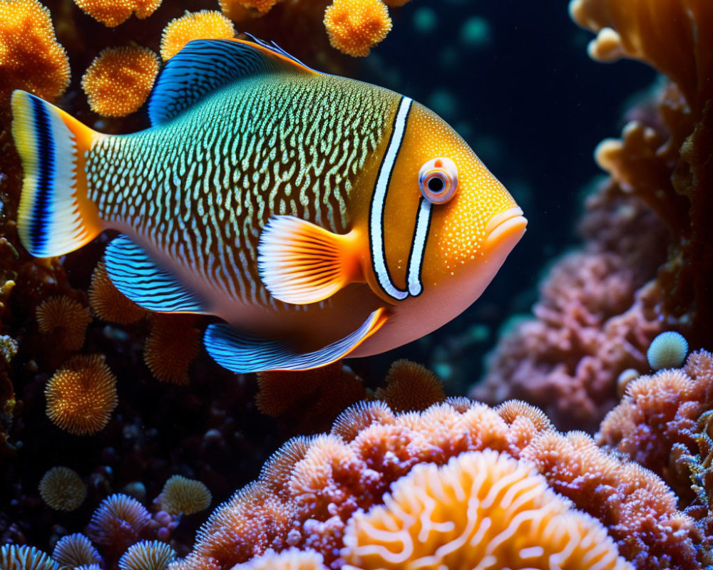 Colorful Clownfish Swimming Near Coral in Underwater Scene