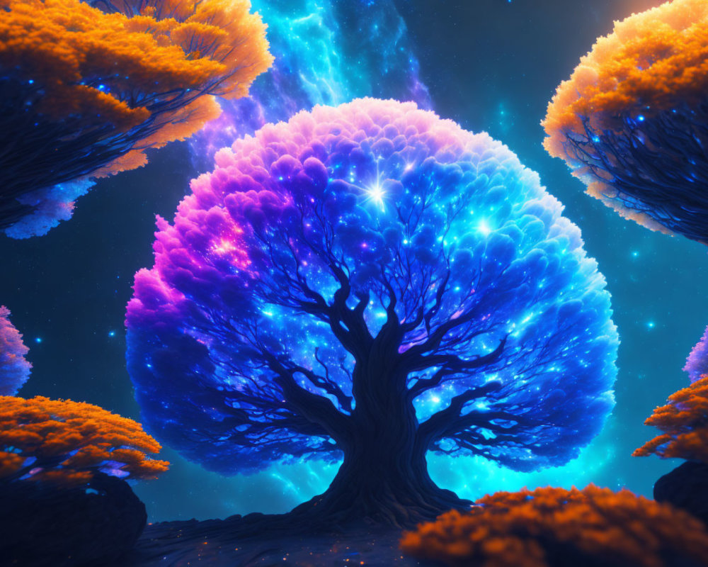 Mystical tree digital artwork with purple foliage under starry sky