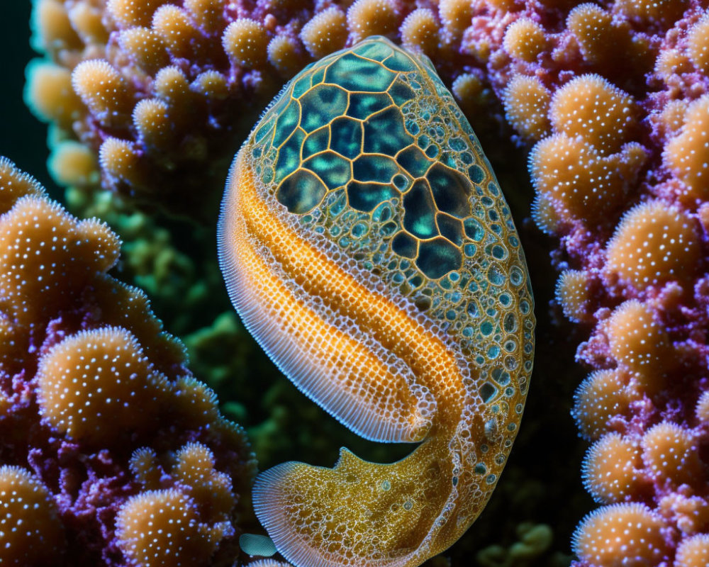 Colorful marine flatworm on coral with intricate white-lined patterns