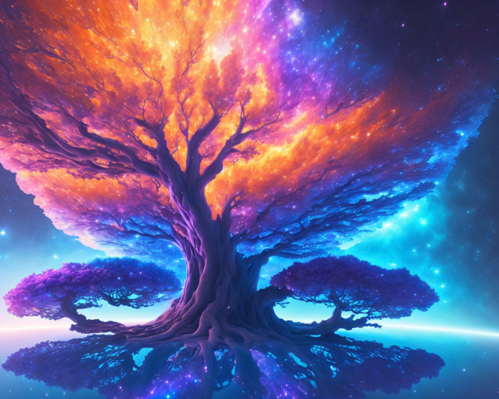 Cosmic tree with fiery orange foliage in starry nebula sky