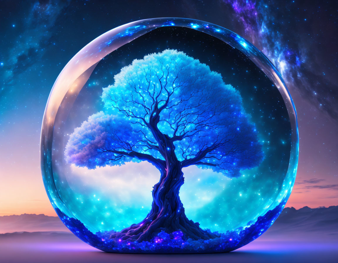 Vibrant tree with glowing blue leaves in transparent sphere under purple starry sky