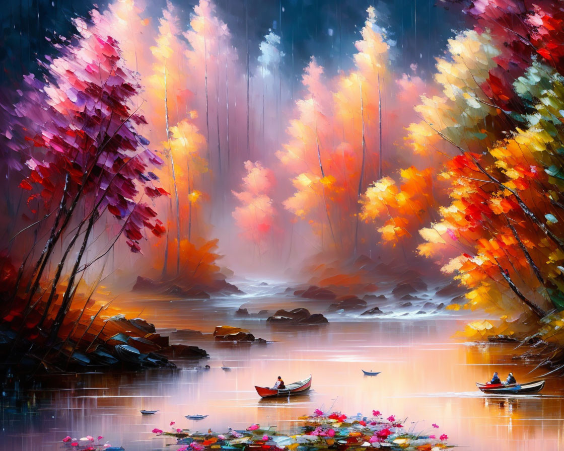 Colorful autumn boats on tranquil river with misty backdrop