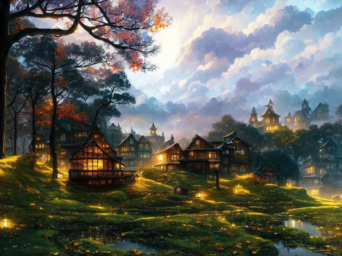 Tranquil fantasy landscape: cozy cottages, lush trees, river, dusk sky