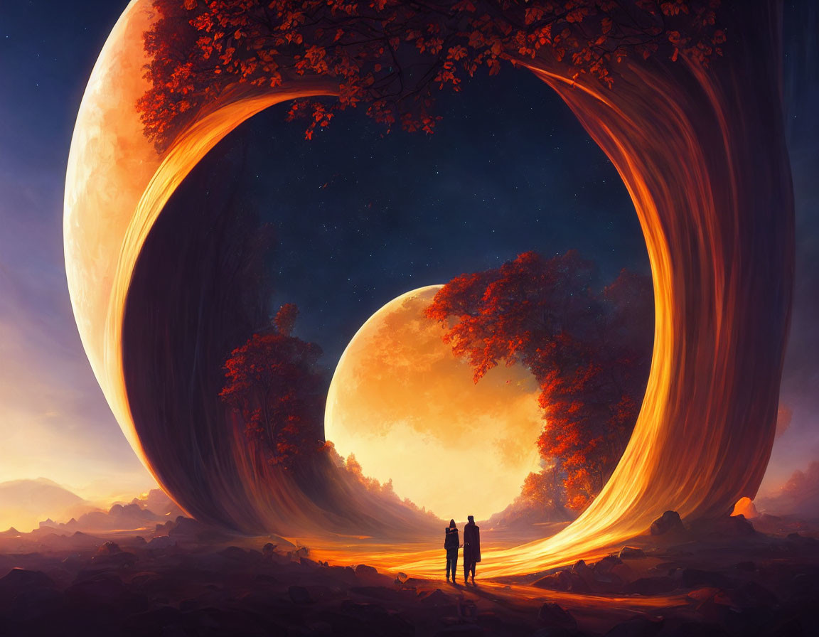 Silhouetted figures under arching tree observe surreal landscape with two planets.