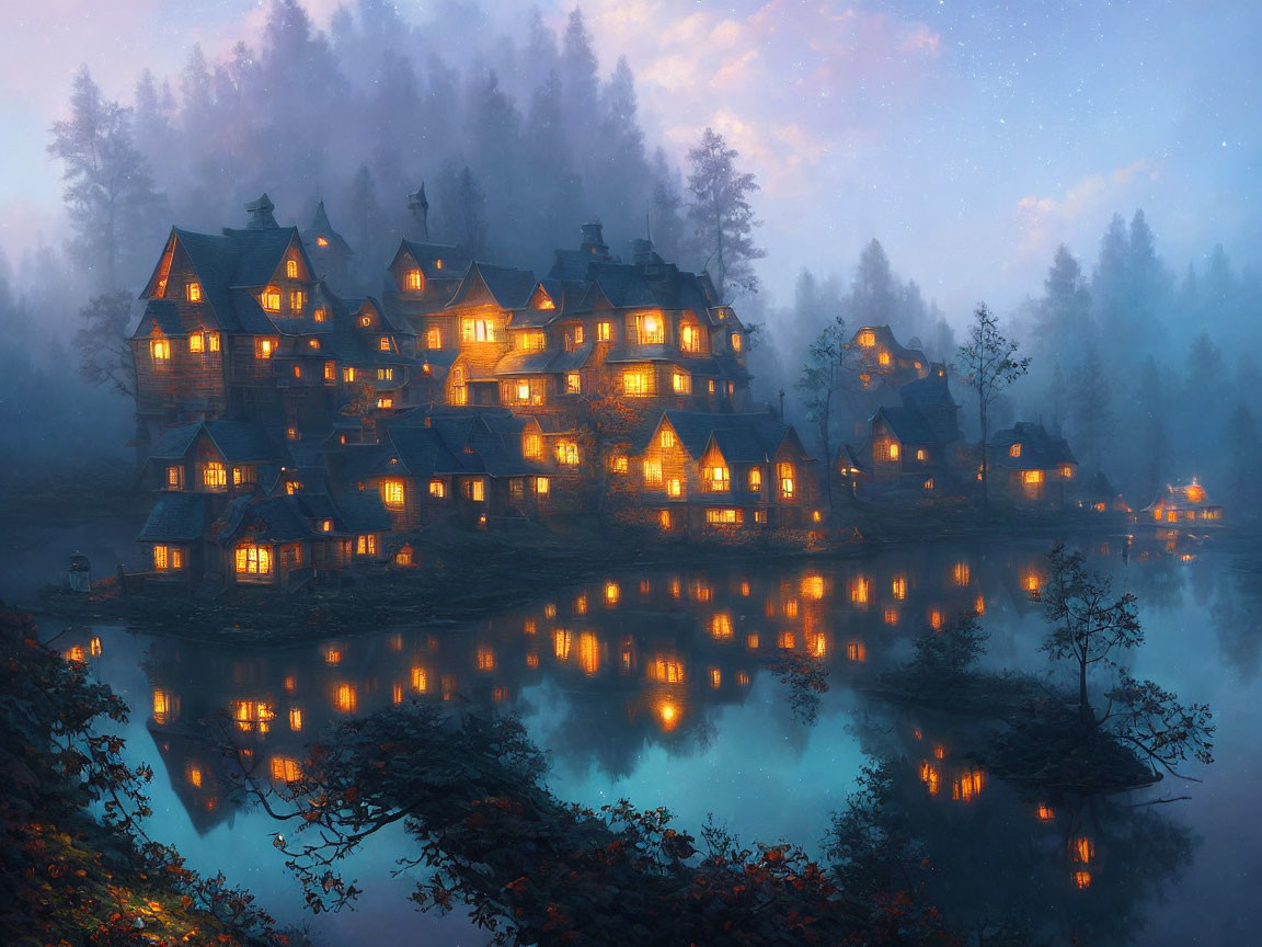 Tranquil lakeside village at dusk with illuminated windows, misty forest, and twilight sky