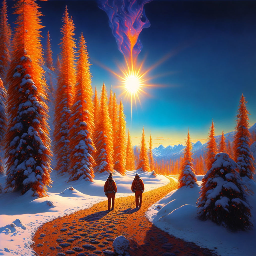 Snow-covered hiking path with orange trees, mountains, and glowing celestial body