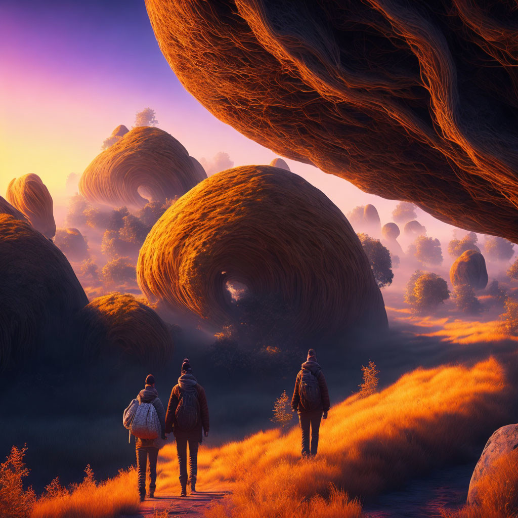 Surreal landscape with orange grass and twisted rock formations