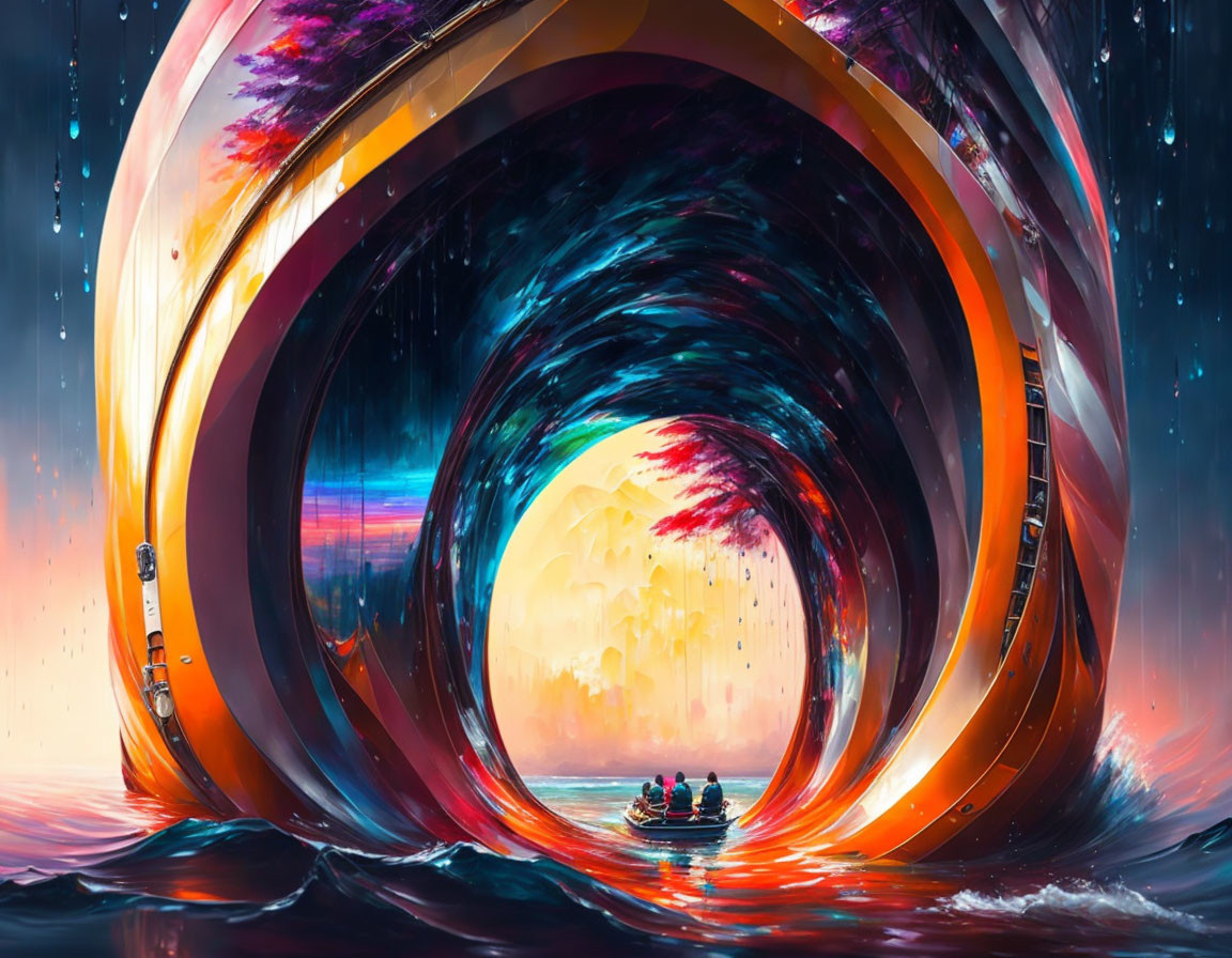 Digital artwork: People on boat entering colorful swirling portal