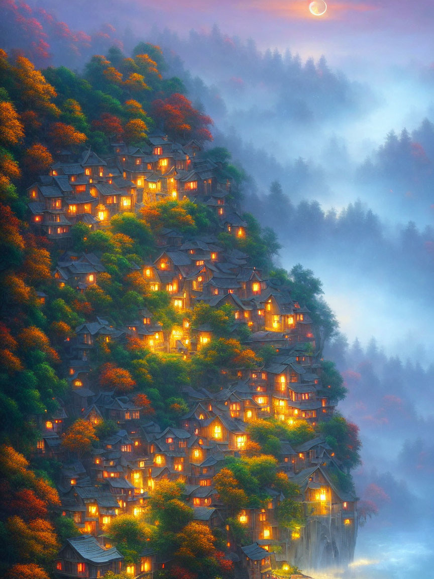 Village on Forested Hillside with Warmly Lit Windows at Dusk