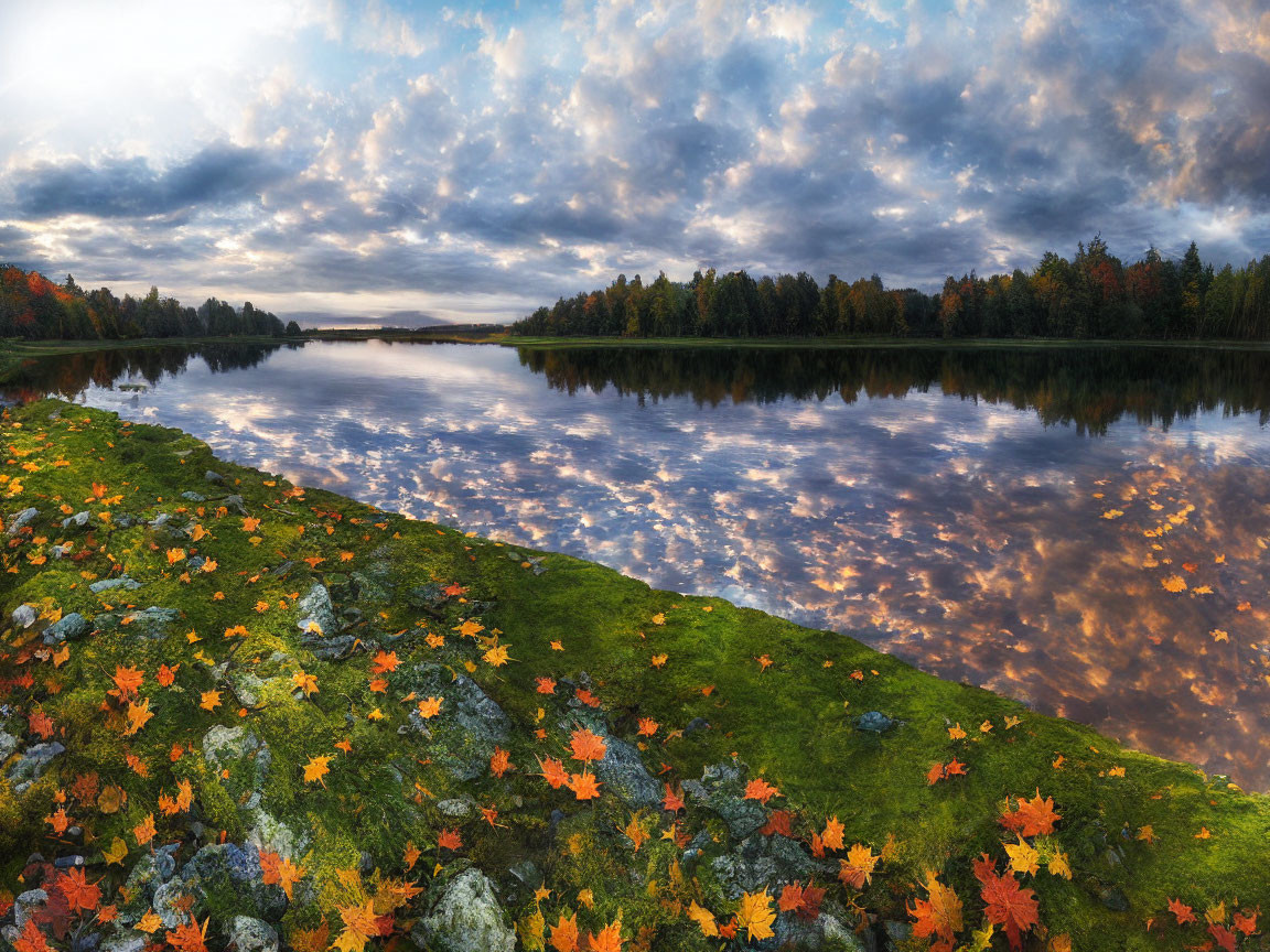 Tranquil sunset scene: lake, clouds, autumn leaves, mossy shore, forest