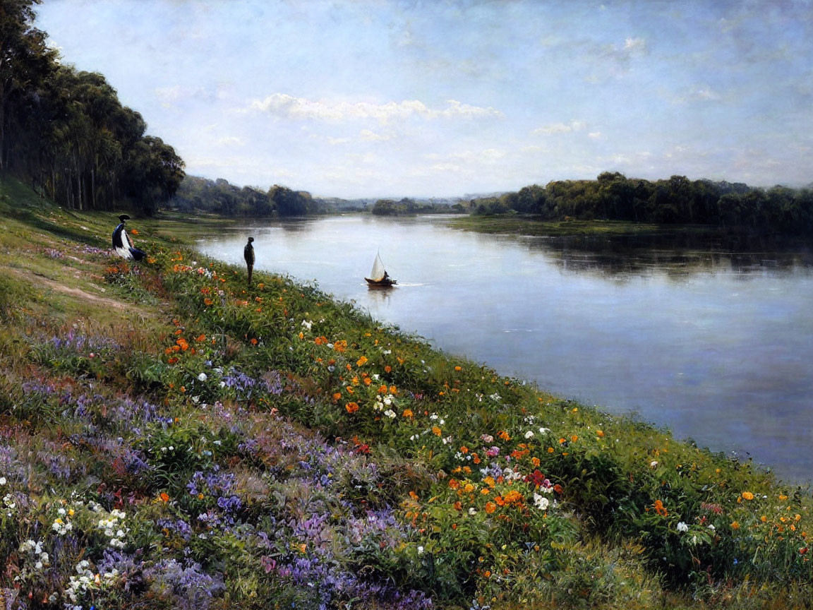 Tranquil riverside landscape with wildflowers, sailboat, and lush trees