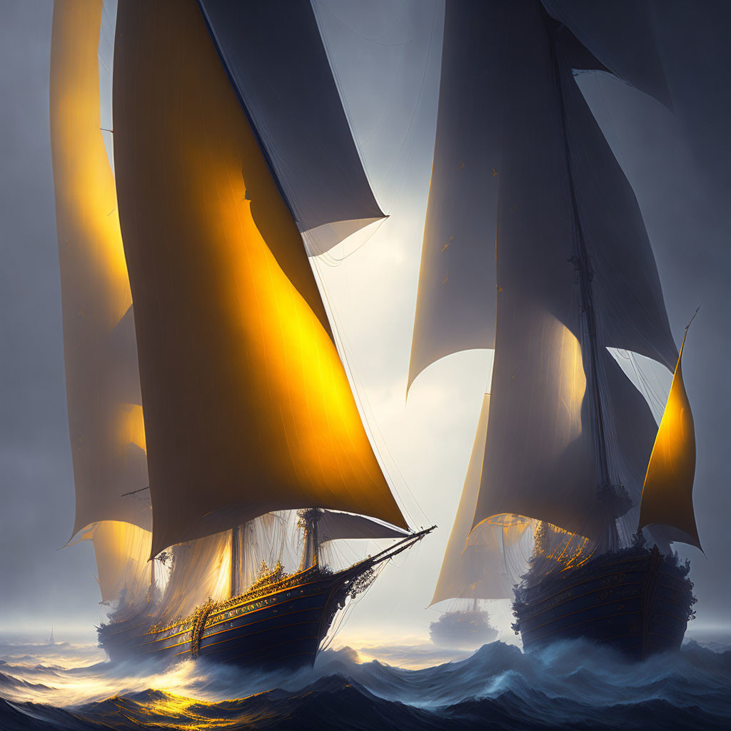 Sailing ships with billowing sails on sunlit seas