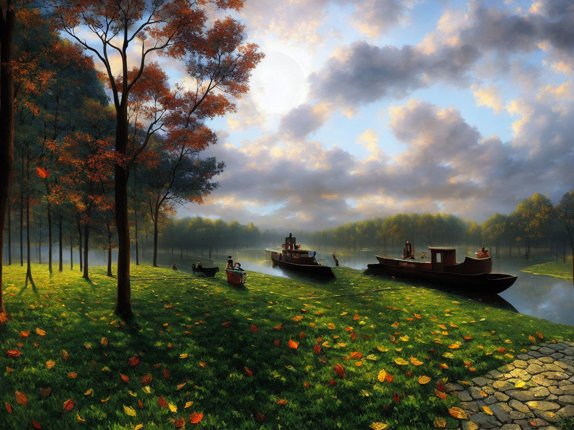 Tranquil autumn river scene with boats, colorful foliage, cobblestone path, misty forest