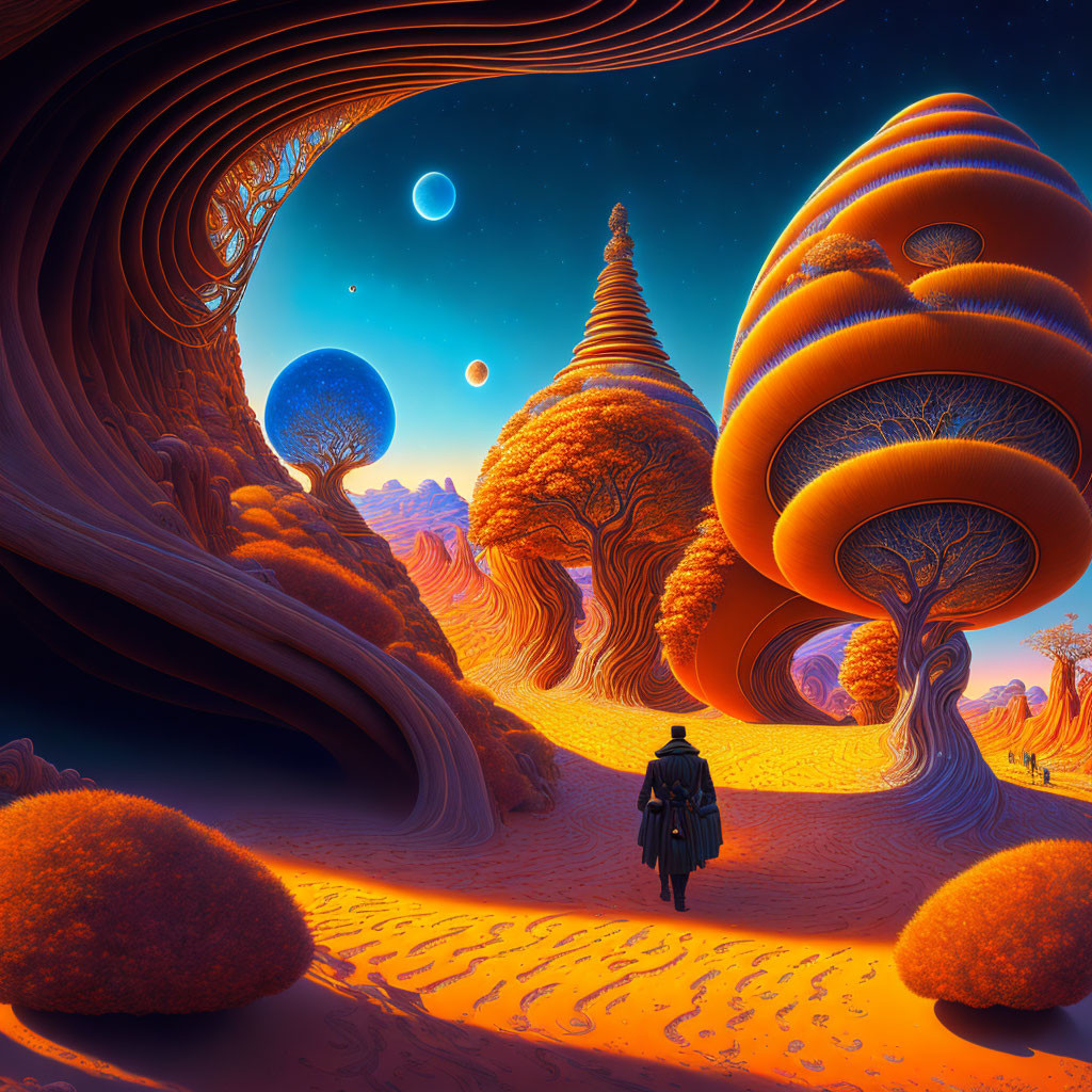 Figure in surreal vibrant landscape with alien trees and moons