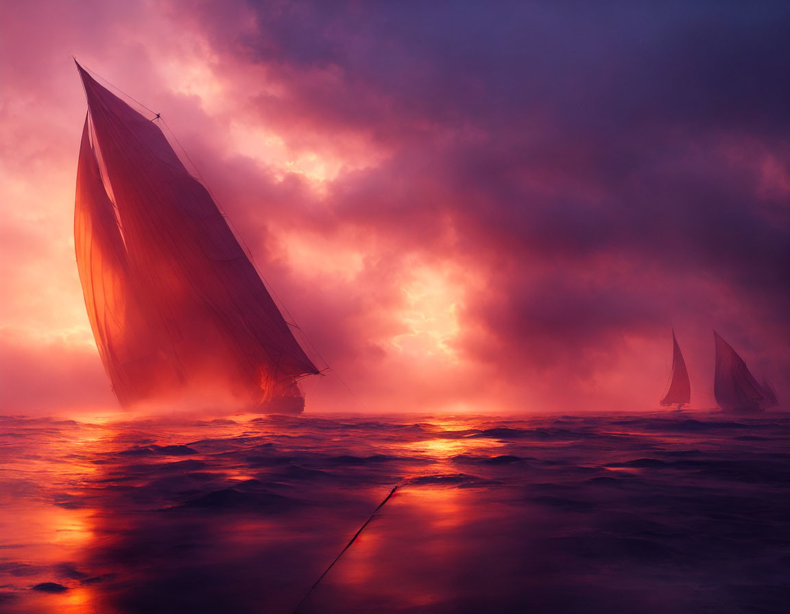 Sailboats on crimson sea under dramatic purple sky