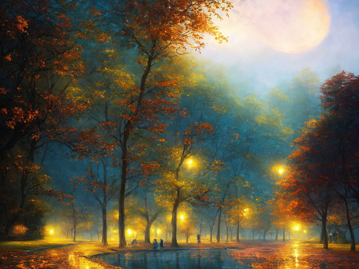 Tranquil autumn park scene with full moon, colorful trees, and glowing street lights