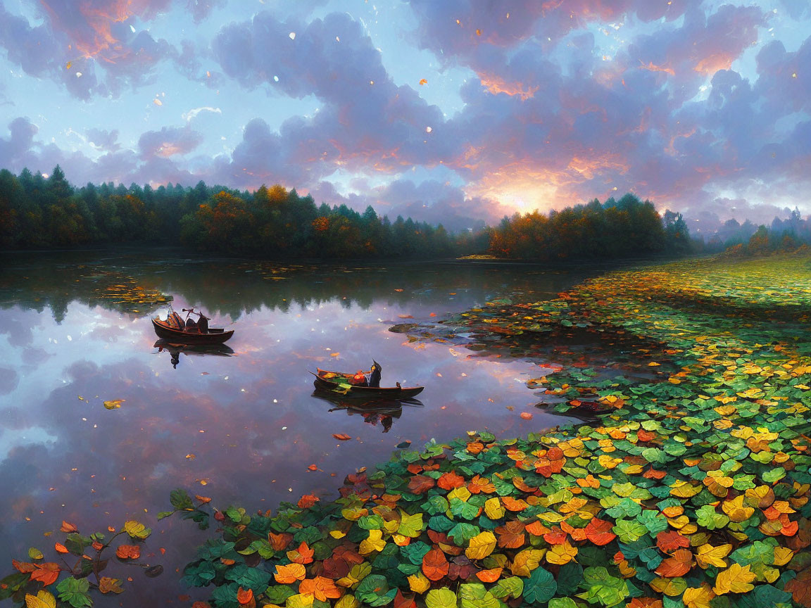 Tranquil lake with boats, autumn lily pads, forest, and sunrise sky