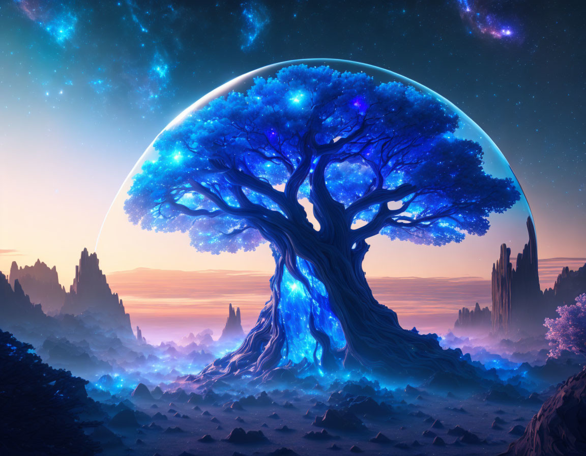 Majestic blue tree in surreal purple alien landscape