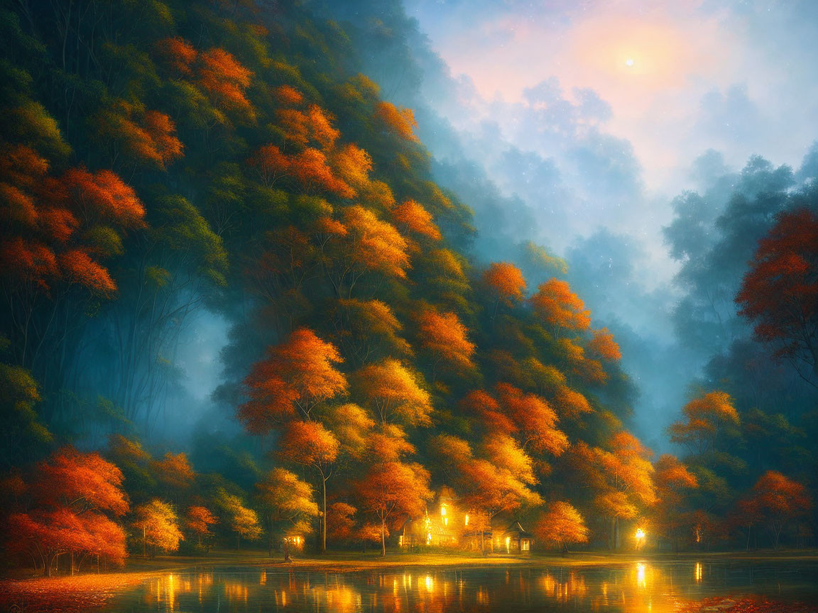 Tranquil autumn landscape with golden-red trees reflected in calm lake