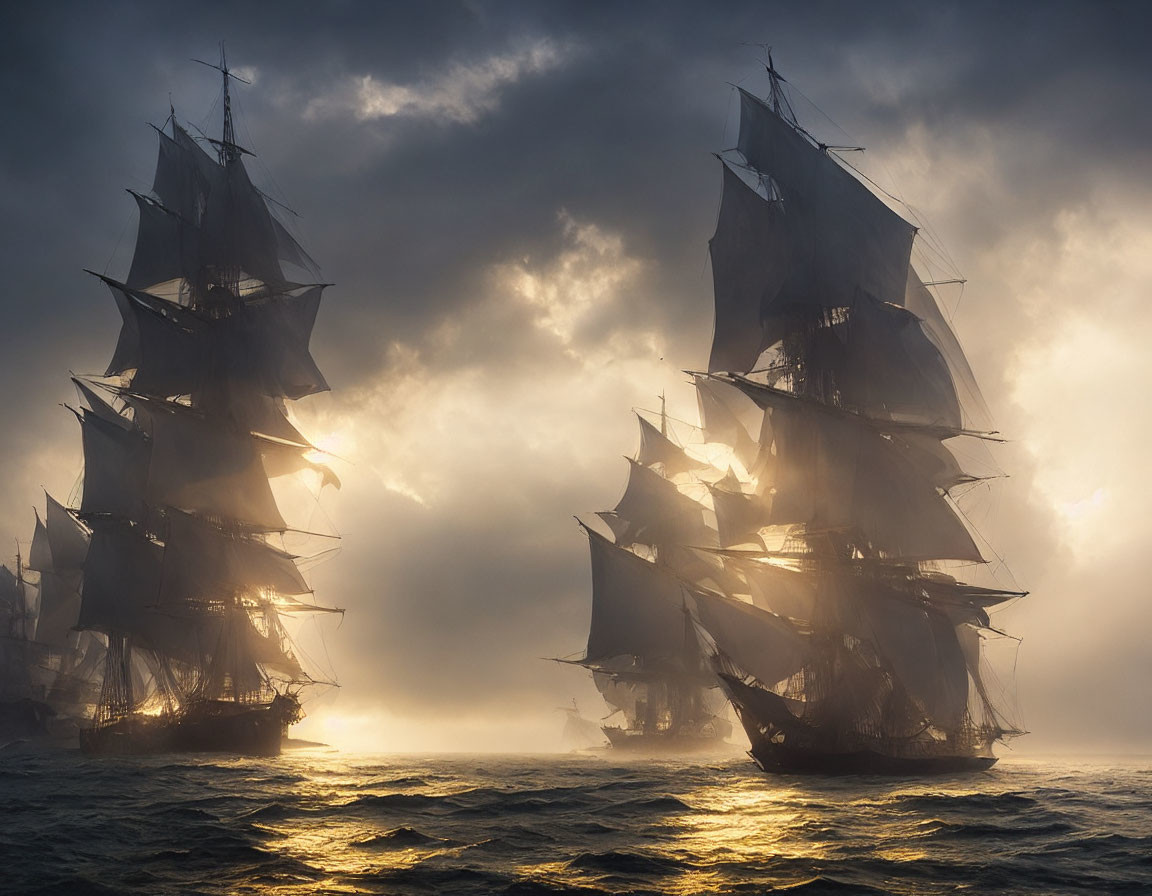 Majestic tall ships sail through misty waters at sunrise or sunset