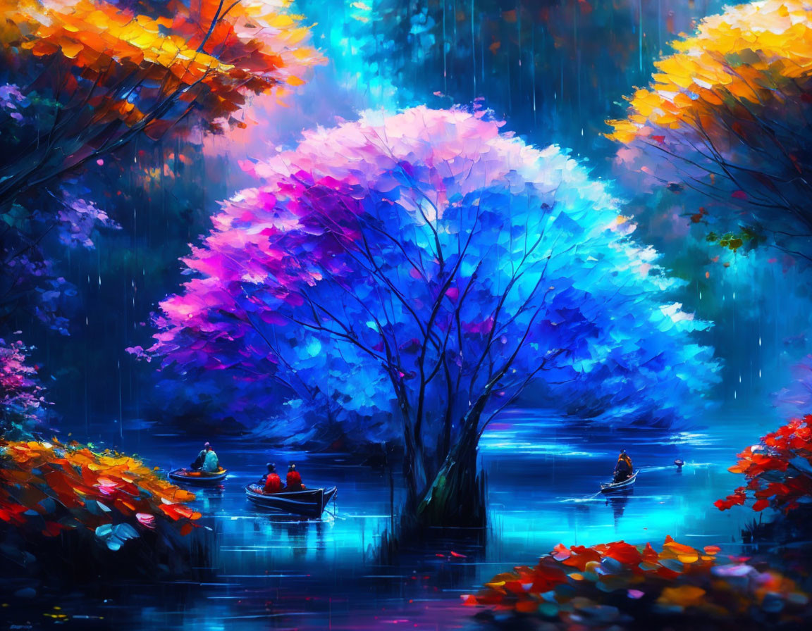 Colorful painting: Mystical forest, multicolored tree, people in boats, autumn leaves,