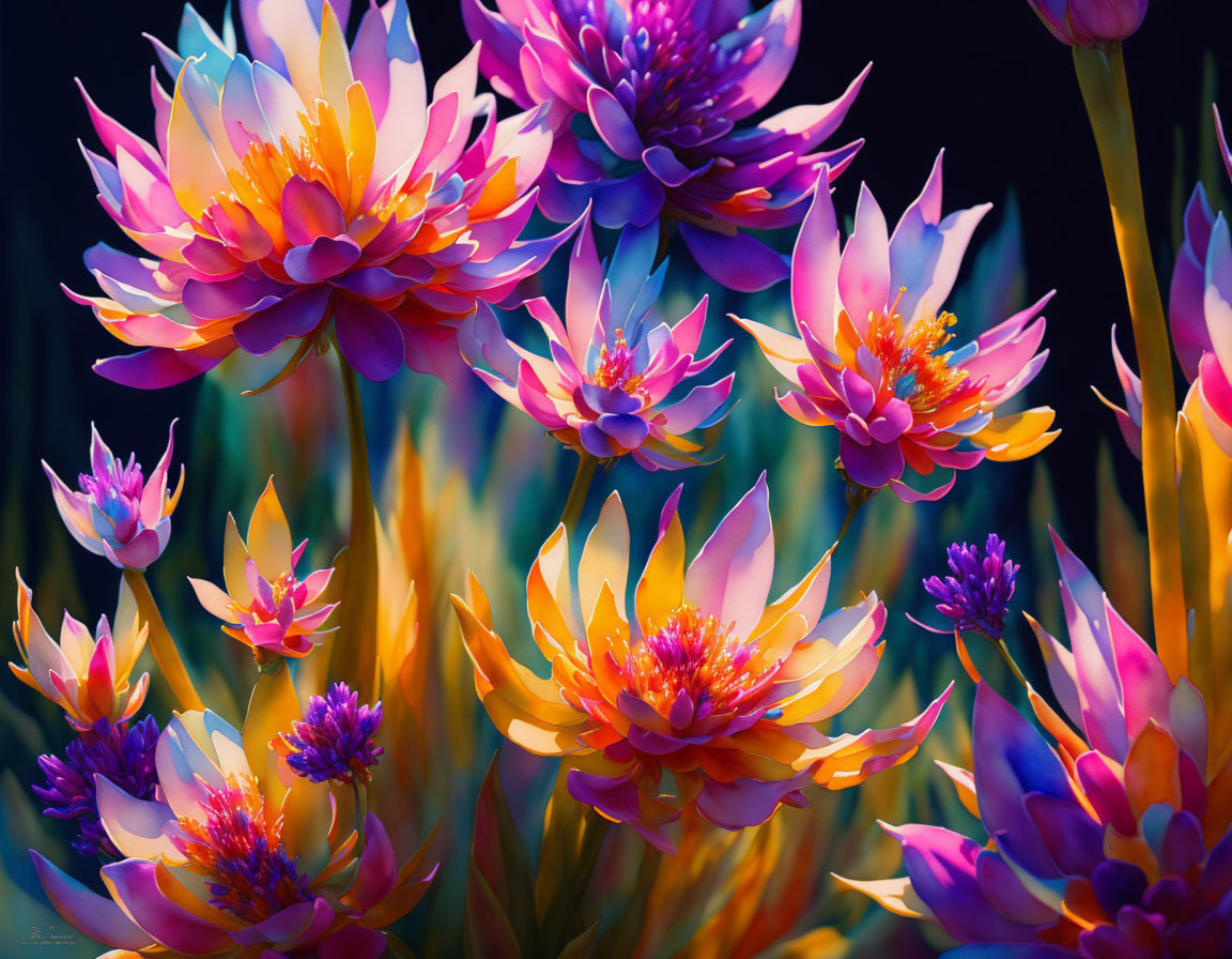 Colorful Lotus Flowers in Various Stages of Bloom on Dark Background