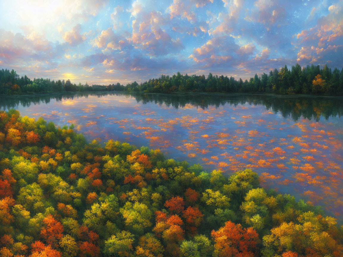 Tranquil lake mirrors vibrant autumn forest at sunrise or sunset