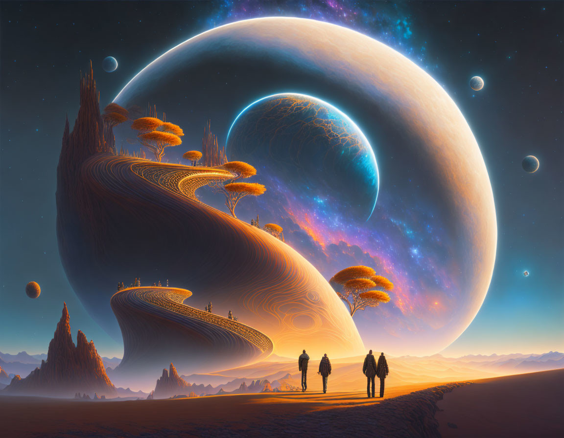 Futuristic landscape with three figures observing surreal planets and terrain